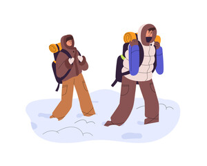 Alpinists with backpacks hiking to snow mountain. Tourists in warm clothes, outerwear trekking in winter. Climbers travel to alps with equipment. Flat isolated vector illustration on white background