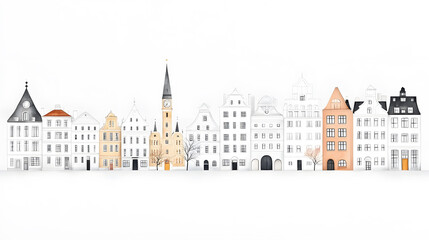 Obraz premium Famous European city landmarks, hand-drawn flat style illustration, isolated on white background