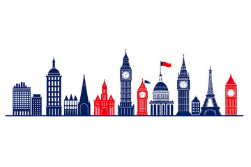 Obraz premium Famous European city landmarks, hand-drawn flat style illustration, isolated on white background