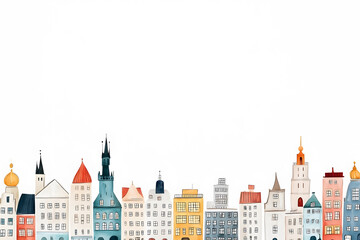 Fototapeta premium Famous European city landmarks, hand-drawn flat style illustration, isolated on white background