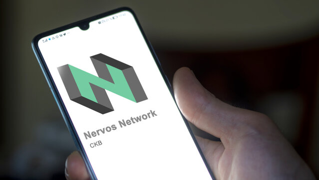 Close up on logo of (CKB) Nervos Network on the screen of an exchange. (CKB) Nervos Network price stocks, $CKB on a device.