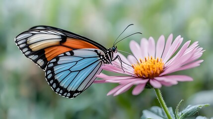 Fototapeta premium The colorful butterfly, with its delicate wings displaying a stunning array of hues ranging from electric blue to rich shades of orange and black, gently rests on a blooming flower in the wild meadow