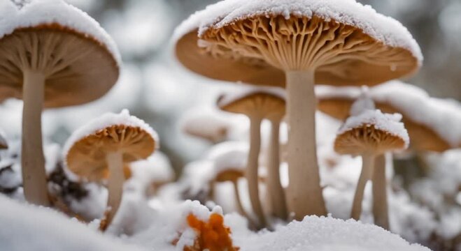 Sky Blue Mushrooms Growing Through Icy Snow
