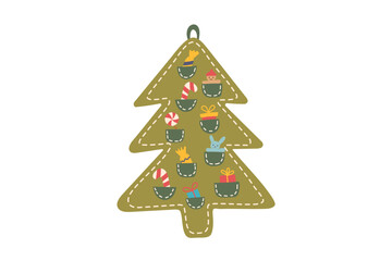 Sustainable Christmas concept. Eco friendly handmade Christmas tree with gifts isolated on white. Advent calendar. 