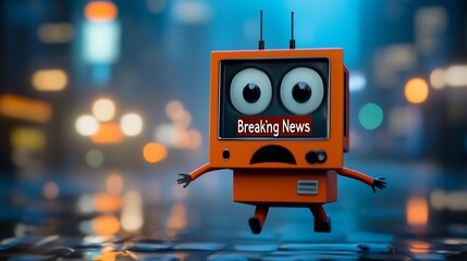 Cartoon TV Character Running from Breaking News