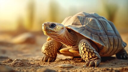 Obraz premium Desert Tortoise Crawling Slowly Across the Ground