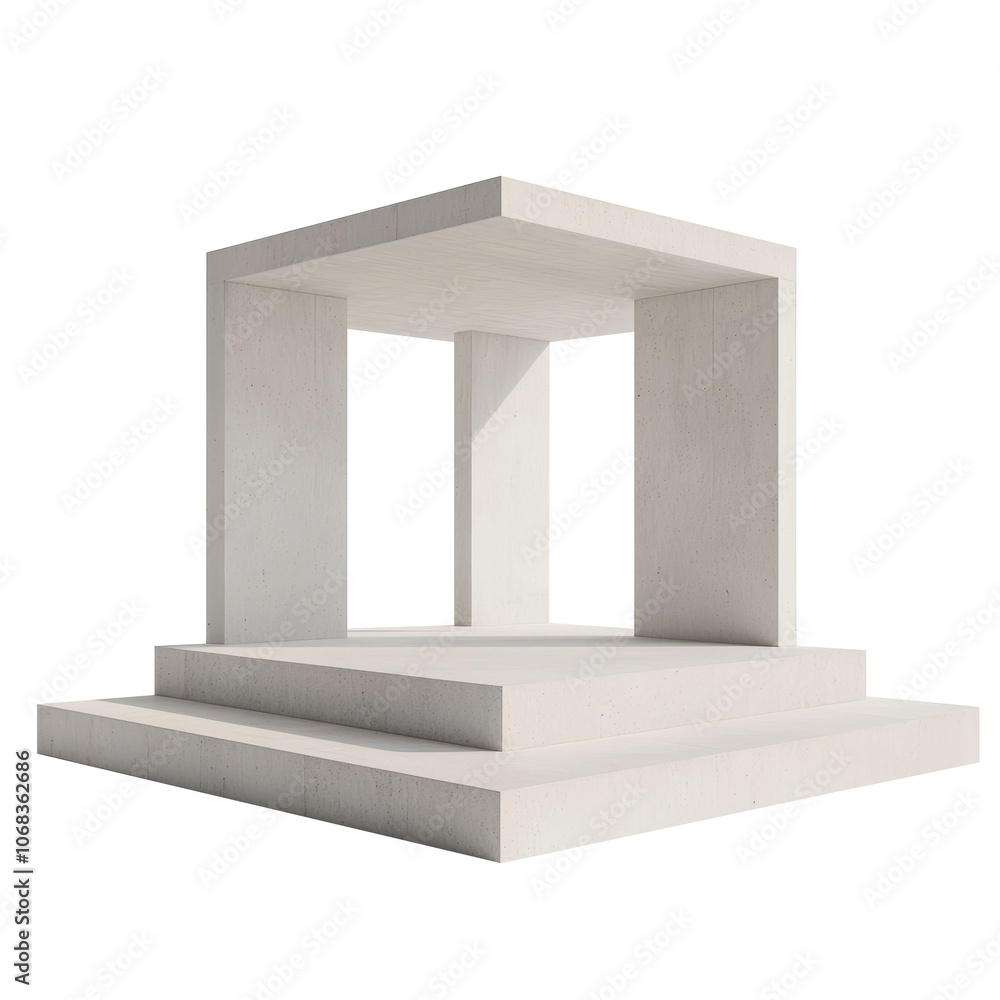 Poster minimalist concrete pavilion featuring an open design with a cubic form and tiered base, ideal for a