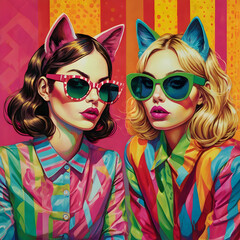 two women sit together, wearing oversized yellow-green sunglasses and striking bright pink lips