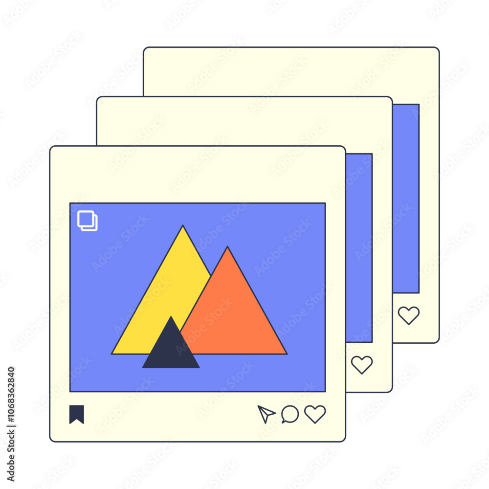 Poster stacked image frames with geometric shapes, symbolizing dynamic content flow.