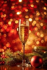 Christmas still life with champagne glass and festive gold decorations on red background with golden glitter sparkle bokeh. New Year and Christmas holiday template for celebration, congratulation.