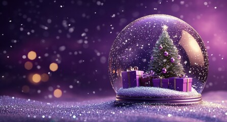 Festive 3D render of a Christmas snow globe with a green tree and gifts on purple background