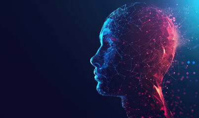 Obraz premium Human head created in low poly style. Man face polygon light. Emotional Intelligence allegory AI. Facial Recognition System concept. biometric scanning, 3D scanning