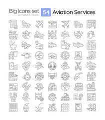 Aviation services linear icons set. Aircraft management, avionics. Transportation, travelling. Commercial flight. Customizable thin line symbols. Isolated vector outline illustrations. Editable stroke