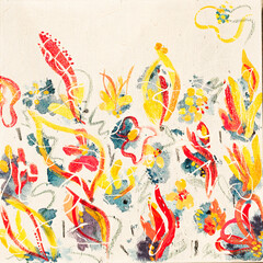 Obraz premium Abstract painting in bright and warm colors, depicting stylized flowers and leaves in red, yellow and blue tones on a light background.