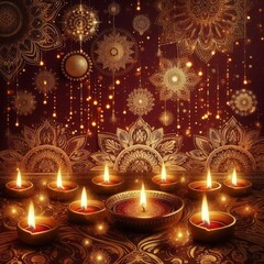 Traditional Diwali celebration background with a textured maroon surface decorated with shimmering gold motifs, flickering oil lamps, and sparkling fireworks. Oriental festival of lights. Ramadan