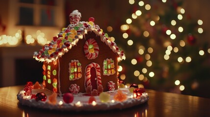 Festively adorned gingerbread house with icing and gummies against a backdrop of christmas lights