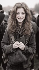 A smiling young woman with curly hair, wearing a rugged outfit, stands outdoors.