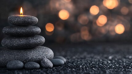 A serene stack of stones with a candle, creating a calming atmosphere.