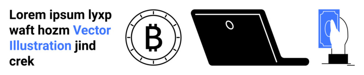 Bitcoin symbol, laptop, hand using smartphone. Ideal for finance, cryptocurrency, blockchain, technology, digital transactions, modern business and innovation Landing page