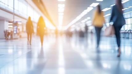 Blurred business people walk in a modern airport, sunlight shines through windows as passengers rush to gates. Crowd bustles with energy in terminal hall, ready for flight