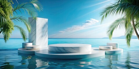 Fototapeta premium Elegant Aerial Photography of a Marble Podium on Water Background for Cosmetic Product Display with Summer Vibes and Natural Light Reflection