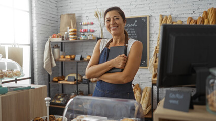 Woman standing confidently in a bakery shop environment, surrounded by various baked goods and...