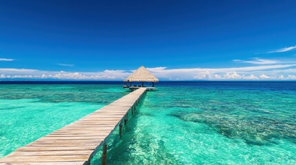 Fototapeta premium The tranquil overwater bungalow is set against a vivid turquoise lagoon, inviting relaxation in paradise