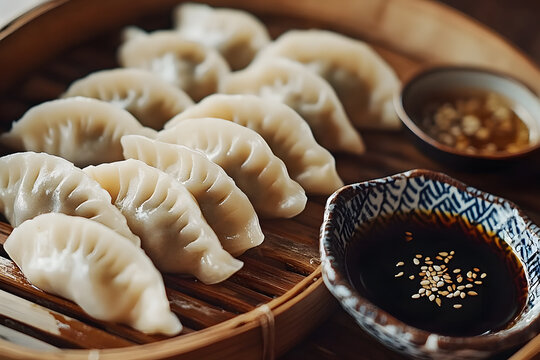 Delicious mandu dumplings beautifully arranged on a traditional bamboo tray, ready for sharing