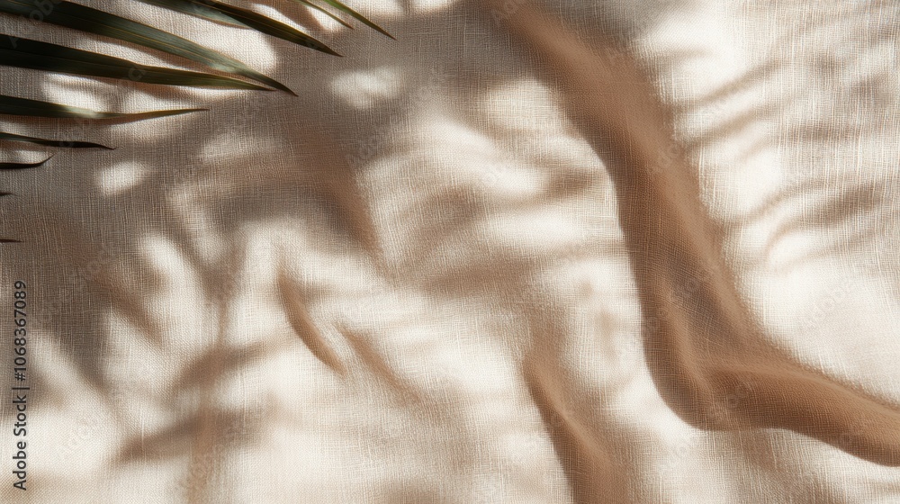 Poster sunlight filters through palm leaves, casting intricate shadow patterns on a textured beige fabric