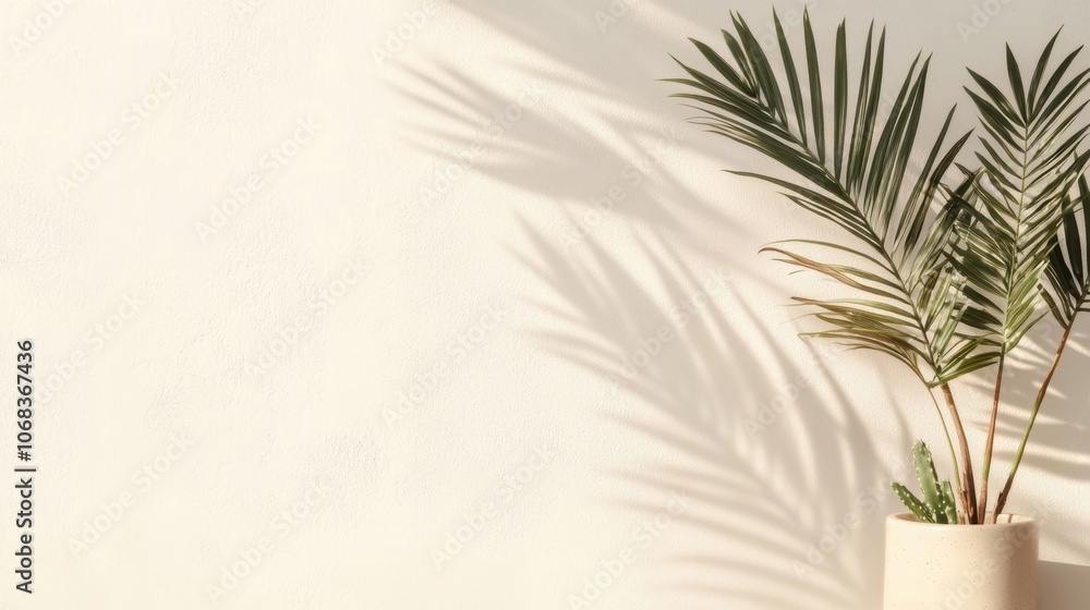 Poster delicate shadows cast by palm leaves enhance a minimalist setting, creating an artistic atmosphere i