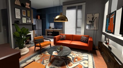 Modern Living Room Interior with Orange Sofa and Colorful Rug