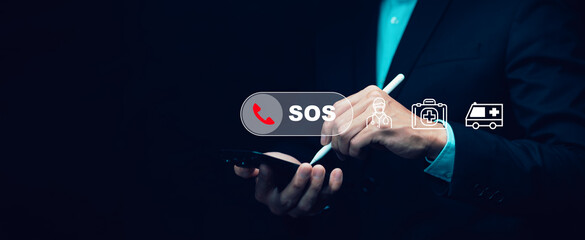 Hand touch button Emergency app in home, call phone, Chat message icon, Emergency application from...