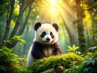 Fototapeta premium Enchanting Panda Cub Amidst Lush Greenery: A Fashion Photography Showcase of Nature's Charm and Playfulness in a Serene Forest Setting