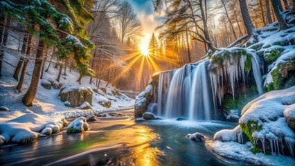 Enchanting Frozen Waterfall in Forest with Sunburst through Icy Mist at Sunset - Captivating Nature Scene