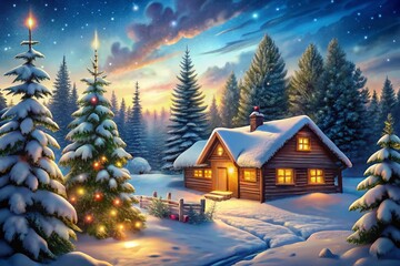 Naklejka premium Enchanting Snowy Country Christmas Portrait Photography with Twinkling Lights, Snow-Covered Trees, and a Cozy Cabin, Perfect for Holiday Celebrations and Festive Imagery