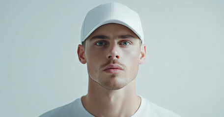 portrait of a man wearing white blank cap for mockup