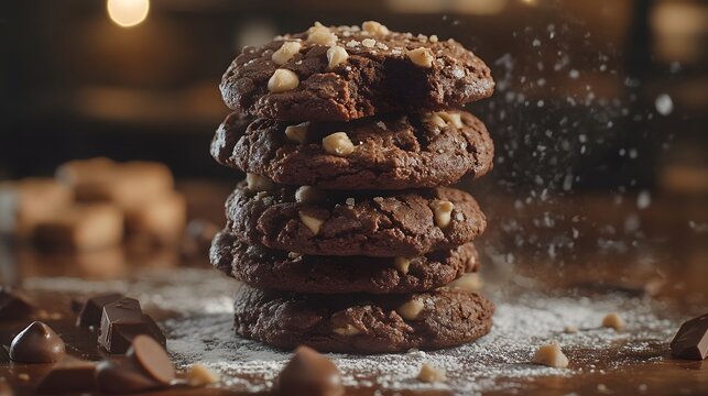 A stack of chocolate cookies with nuts, sprinkled with powdered sugar.