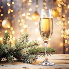 Christmas still life with champagne glass and festive decorations on luxury gold background with golden glitter sparkle bokeh. New Year and Christmas holiday template for celebration, congratulation.