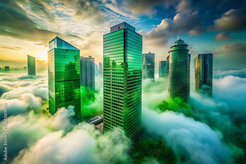 Poster enigmatic architectural elements shrouded in ethereal green smoke fog clouds creating a captivating 