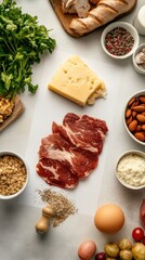 A variety of fresh ingredients arranged for meal preparation, including meats, cheese, and vegetables.