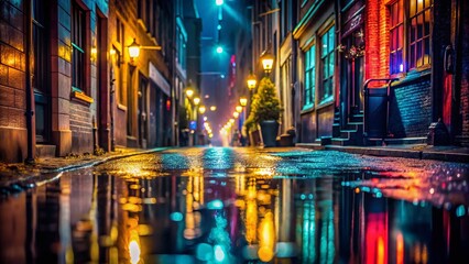 Fototapeta premium Enigmatic Double Exposure of a Dark City Alley with Reflections on Wet Ground Capturing Urban Mystery and Atmosphere