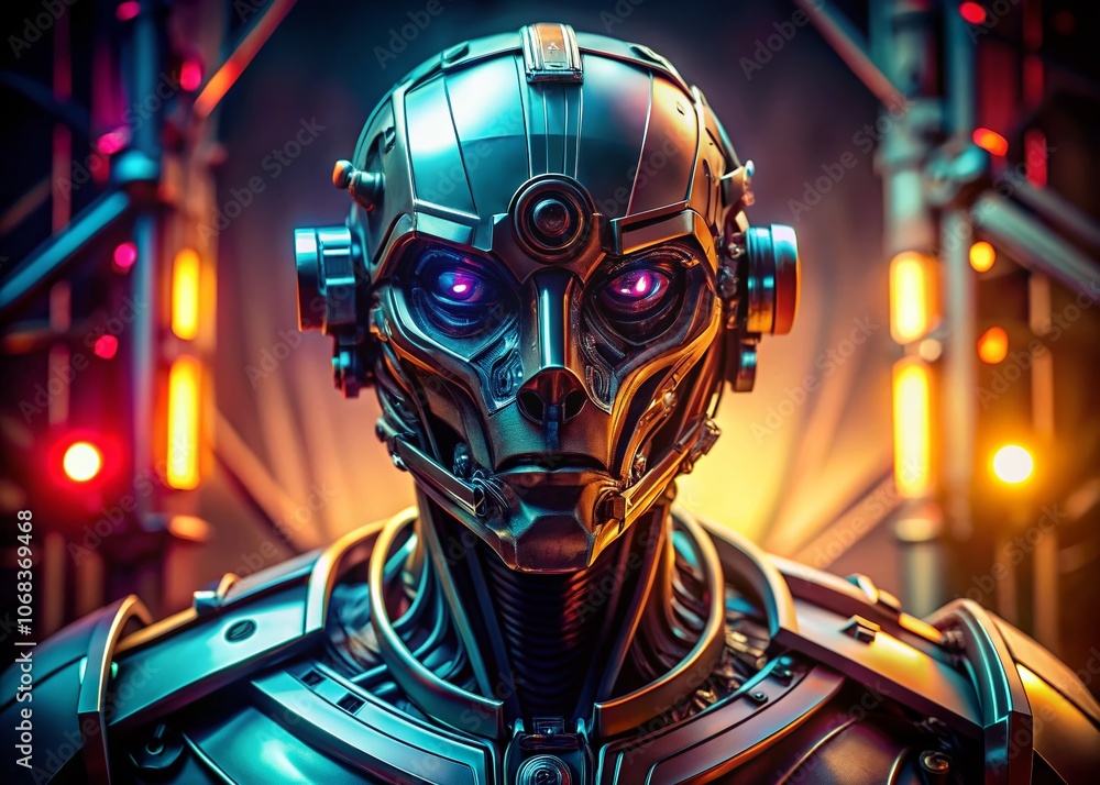 Aufkleber enigmatic robot head illuminated in low light, showcasing futuristic design and intricate details, p