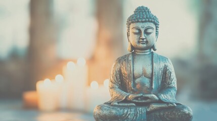 Fototapeta premium A serene Buddha statue in meditation is placed near softly lit candles, creating a peaceful and calming ambiance.