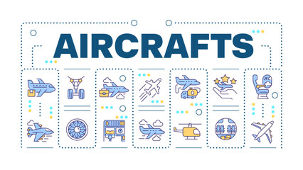 Aircrafts word concept isolated on white. Airline service. Travelling, transportation. Creative illustration banner surrounded by editable line colorful icons. Hubot Sans font used