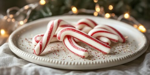 Naklejka premium Close-up of several candy canes resting on a white plate, with red and white stripes glistening under holiday lights, perfect for a festive treat.