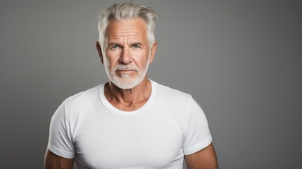 A dignified older man in a white t-shirt stands confidently against a gray background, his gaze steady with wisdom and gentle strength.
