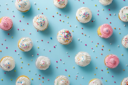 Delicate cupcakes adorned with colorful sprinkles on a pale sky blue background, celebrating sweet treats that brighten up any festive occasion with whimsy