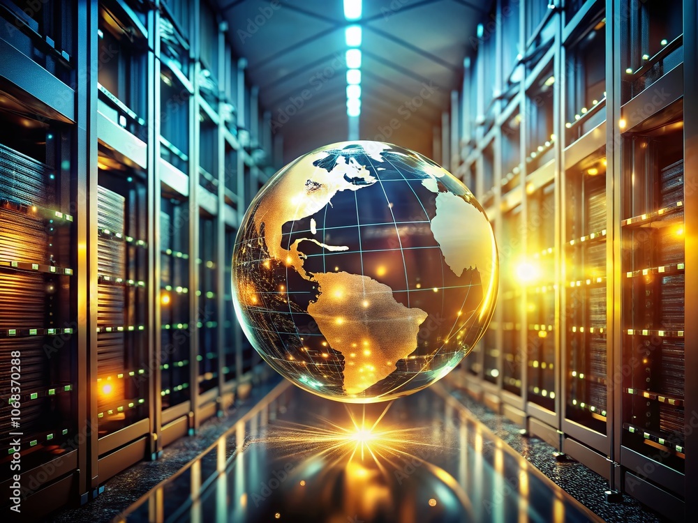 Aufkleber ethereal server room: a vintage style photography of a global network hub illuminated by holographic