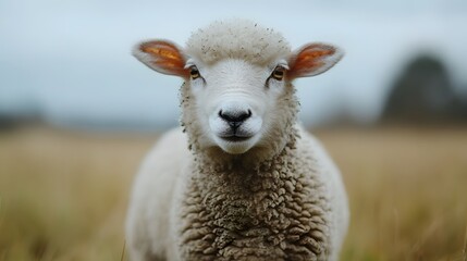 Obraz premium A close-up of a curious lamb in a grassy field, showcasing its fluffy white wool.