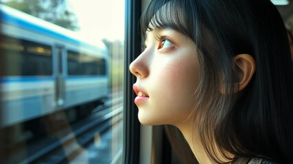 A young woman gazes out the window of a train, watching the scenery pass by
